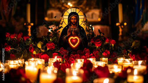 Jesus image with glowing heart surrounded by red roses and candles in a dark setting indoors