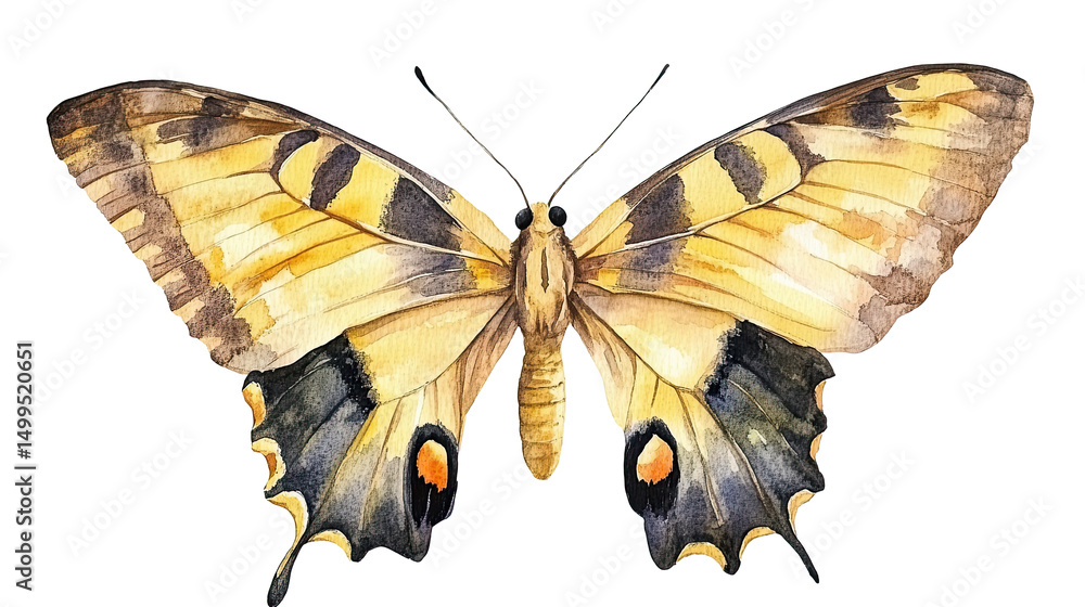 Obraz premium Beautiful yellow and black butterfly with detailed wing patterns isolated on white transparent background