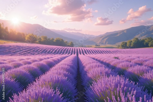 美しい朝日とラベンダー畑