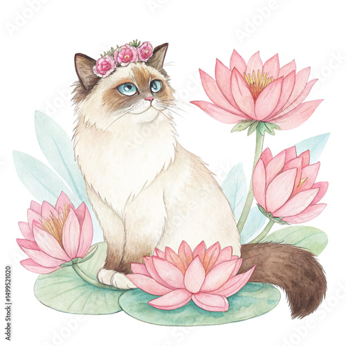 Cute cat sleeping on national flower Clipart Watercolor	