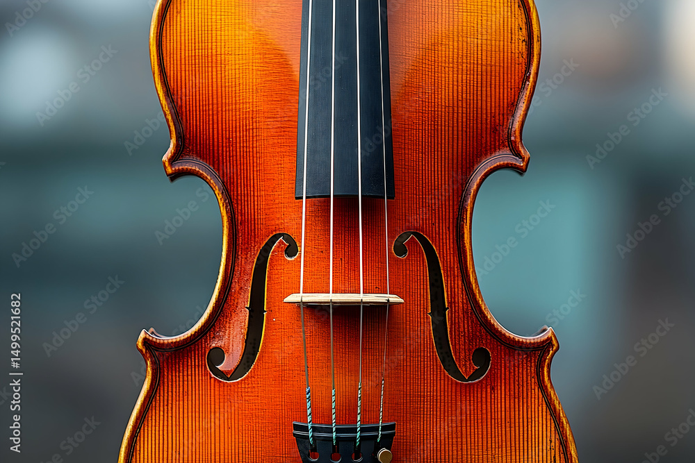 Richly detailed view of a violin, showcasing its polished wood and elegant curves against a blurry background Richly detailed view of a violin, showcasing its polished wood and elegant curves against a blurry background