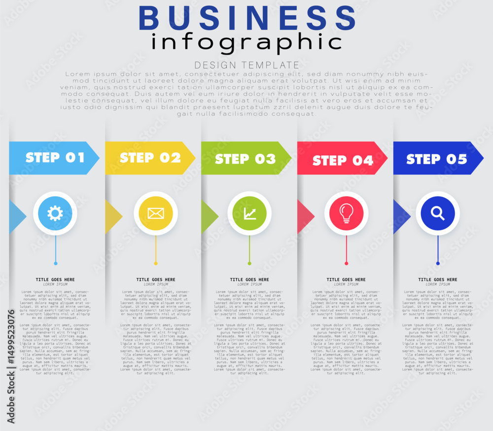 5 Step Business Infographic Layout with Vertical Sections, Colored Bar Headers 5 Step Business Infographic Layout with Vertical Sections, Colored Bar Headers