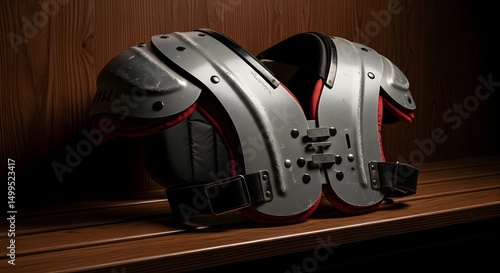 American Football Shoulder Pads Resting on Locker Room Bench