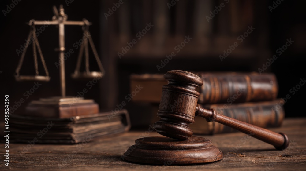 Gavel and Scales of Justice on Wooden Table in Dark Room, Close-up Still Life, Legal Concept Gavel and Scales of Justice on Wooden Table in Dark Room, Close-up Still Life, Legal Concept
