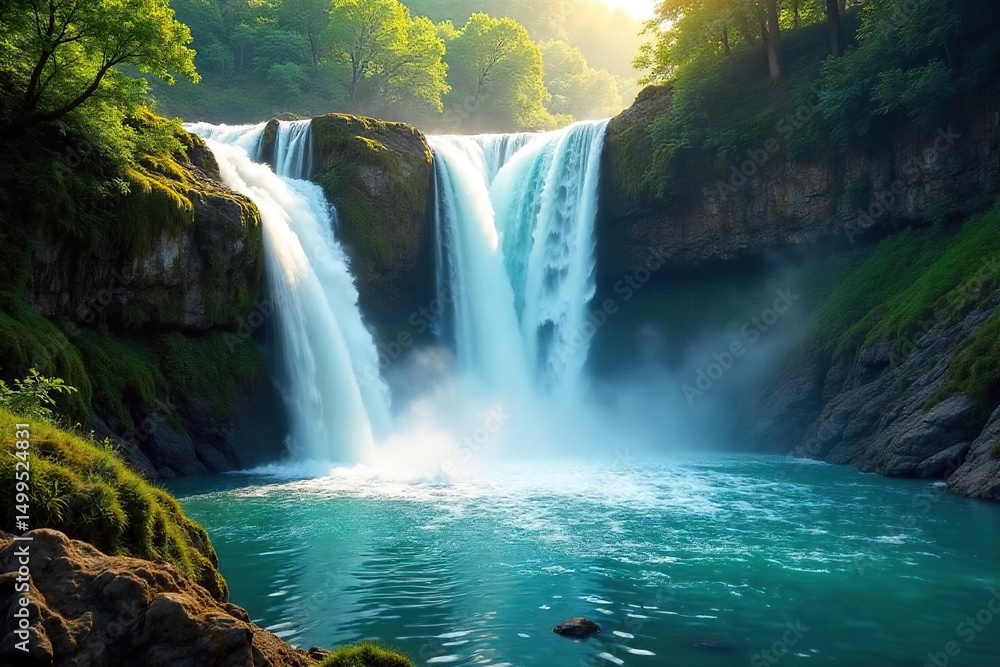 Fototapeta premium Spectacular turquoise waterfall cascading down mossy rocks, creating a vibrant, ethereal scene Sunlight illuminates the spray, highlighting the rich color of the water , vivid, environment, energy