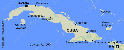 Vector geographical world map. Cuba, haiti,
isla de la juventud, cayman island, acklins, great inagua, 
havana, matanzas, antilla, guantanamo bay, santiago de cuba,
nuevitas, cienfuegos, cabaiguan.