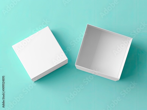 A pristine white square box, open and lid slightly askew, rests on a pale teal backdrop; clean, minimalist aesthetic