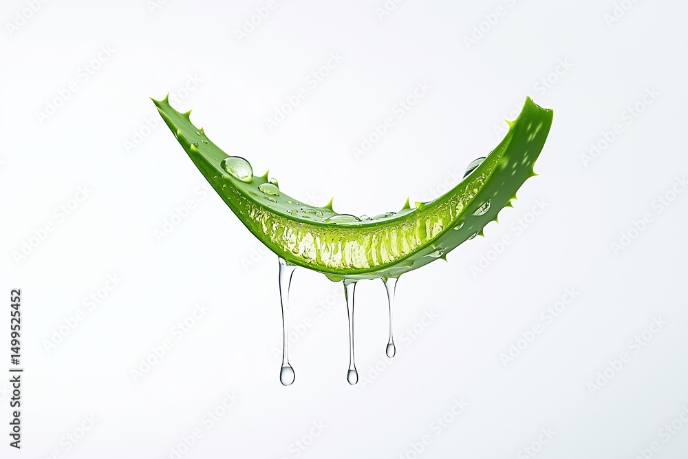 Naklejka premium A single aloe vera leaf suspended in midair, diagonally placed against a pure white background. The cut end of the leaf is pointing forward, with clear aloe gel visibly oozing from the exposed interio