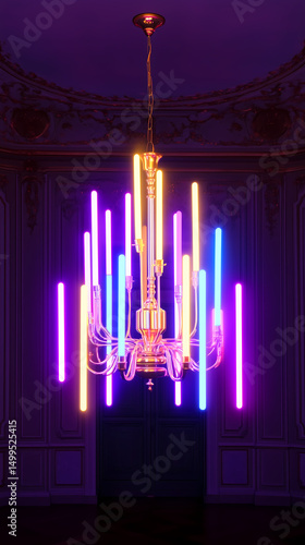 Ornate Golden Chandelier Reimagined with Modern Pastel Neon Tubes

