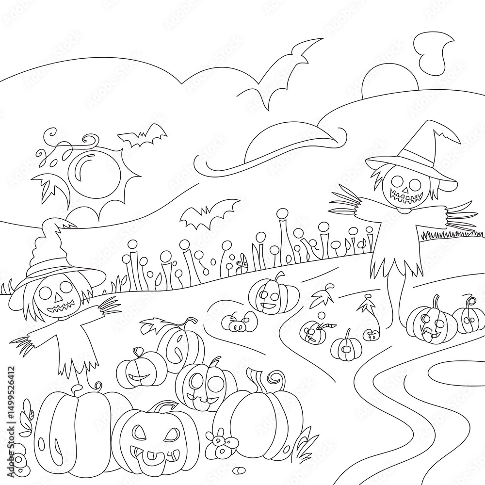 Naklejka premium Spooky halloween scene featuring scarecrows pumpkins bats and a witch hat perfect for coloring or halloween themed designs