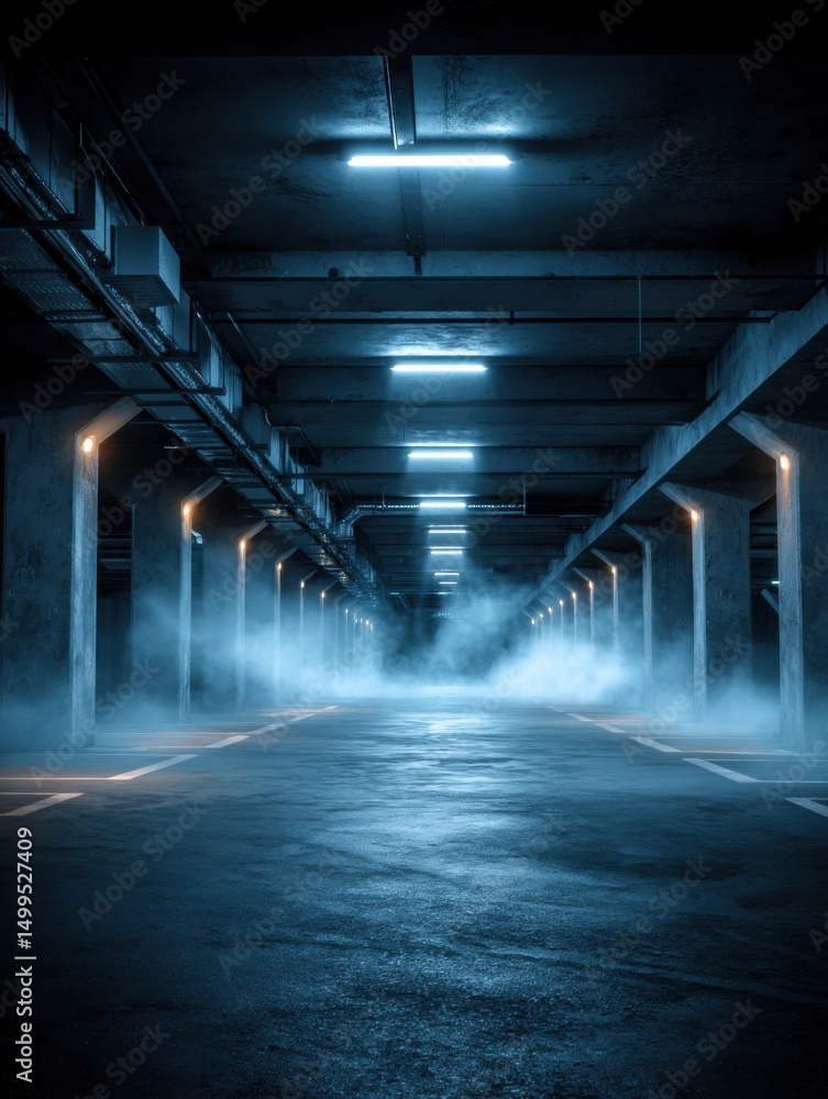 Atmospheric Underground Parking Garage Perspective with Fog and Neon Lights in Urban Location Atmospheric Underground Parking Garage Perspective with Fog and Neon Lights in Urban Location