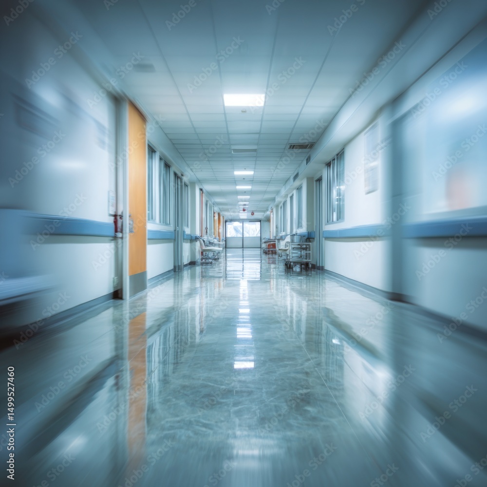 Hospital hallway perspective with motion blur effect showing medical facility interior and empty gurney carts near exit doors Hospital hallway perspective with motion blur effect showing medical facility interior and empty gurney carts near exit doors
