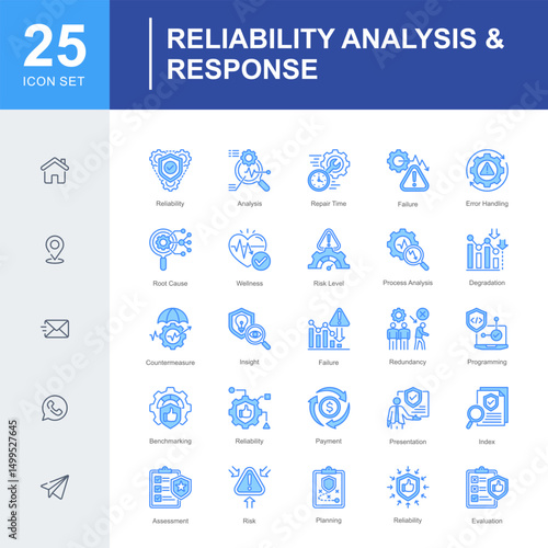 A focused icon set on analyzing, evaluating, and responding to system failures and risks in reliability management, including diagnostics, insights, and root cause analysis.