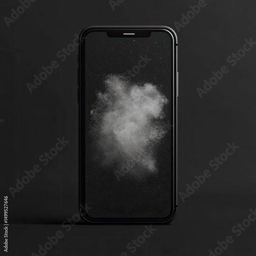 A sleek black smartphone displays a grayscale image of a diffuse cloud of dust or powder against a dark background