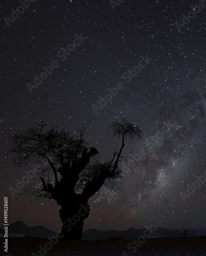 Un arbol y de fondo la via lactea desde el Desierto de Atacama, Chile