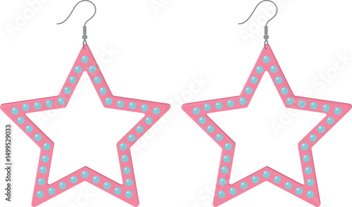 Pink star-shaped earrings on a transparent background. Ear accessories in 80s and 90s style 
