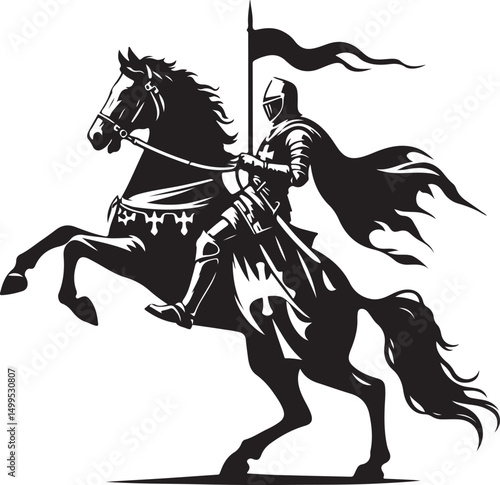 Vector art of Knight riding horse with flag isolated on transparent background