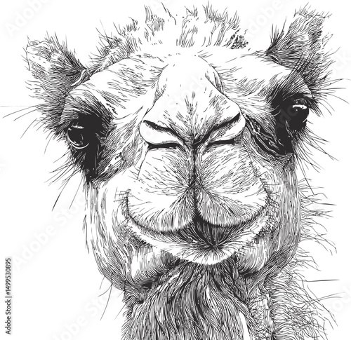 Intricate black and white camel illustration with detailed fur texture. Vector illustration
