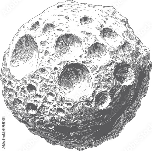 Detailed black and white sketch of an asteroid with craters in space. Vector illustration