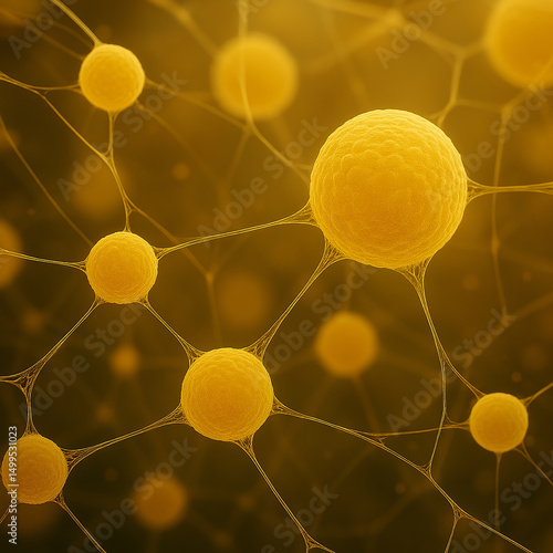 Abstract representation of yellow cells interconnected by fine strands. The image illustrates a microscopic view of cellular structures, emphasizing biological themes.