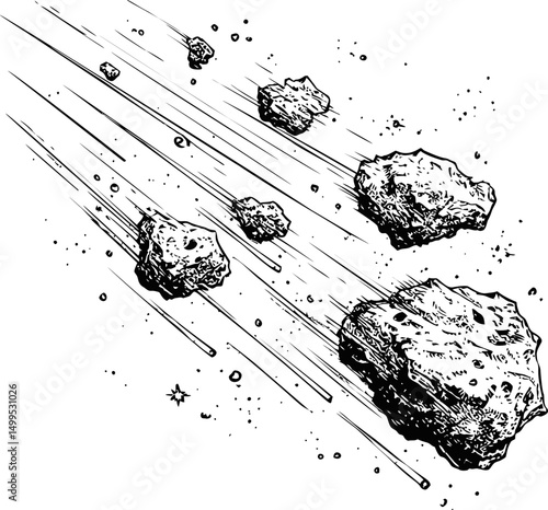 Group of asteroids flying through space in monochrome illustration, comic style. Vector illustration