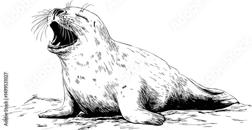 Monochrome sketch of a yawning seal resting on rock surface, marine theme art. Vector illustration