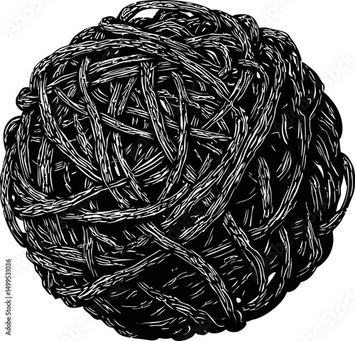 Black and white detailed illustration of an intricate ball of tangled rope. Vector illustration