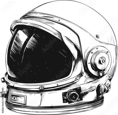 Detailed drawing of a vintage astronaut helmet in black and white sketch style. Vector illustration