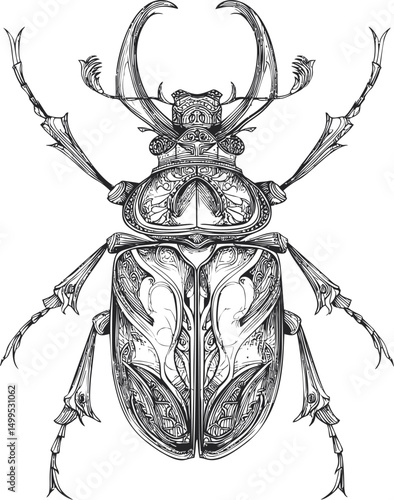 Intricate black line drawing of a beetle with detailed patterns. Vector illustration