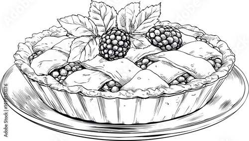 Blackberry pie with lattice crust and leaves in detailed line art illustration. Vector illustration