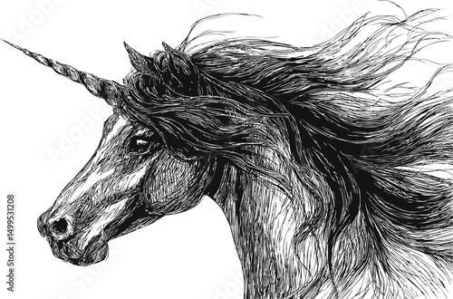 Black and white sketch of a unicorn head with flowing mane, mythical creature. Vector illustration