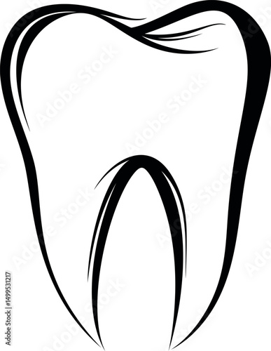 Stylized black and white illustration of a tooth outline, dental theme artwork. Vector illustration