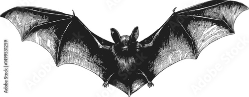 Hand-drawn black and white illustration of a bat with outstretched wings. Vector illustration