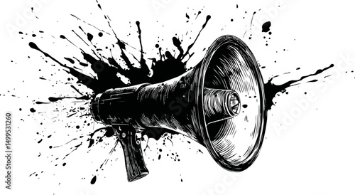 Black and white megaphone with ink splatters, dynamic abstract concept. Vector illustration