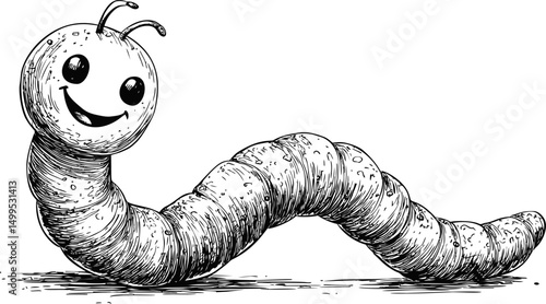 Smiling cartoon worm with antennae in black and white illustration. Vector illustration