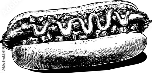 Vintage black and white illustration of a hot dog with mustard and relish. Vector illustration