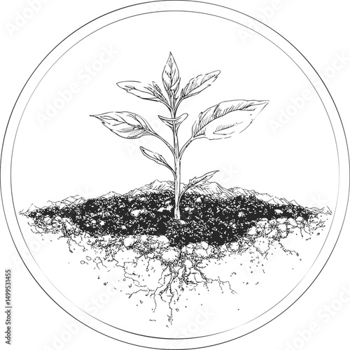 Detailed line drawing of a young plant with roots and leaves in black and white. Vector illustration