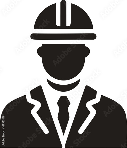 Silhouette of a person in a hard hat and suit, construction worker icon. Vector illustration