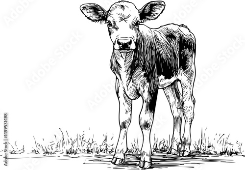 Black and white sketch of a young calf standing in grass, detailed illustration. Vector illustration