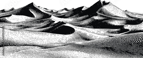 Black and white illustration of sand dunes in desert with stippling effect. Vector illustration