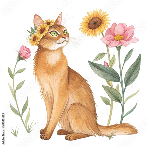 cutest cat flower crown holding the most beautiful flower in the world Clipart Watercolor