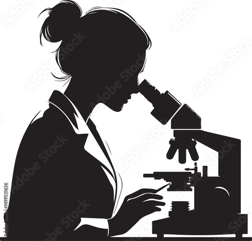 Vector art of Silhouette of a female scientist using microscope isolated on transparent background