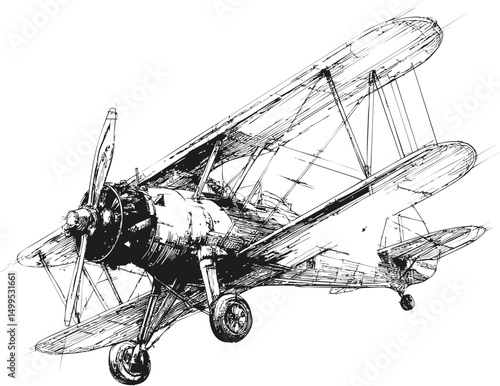 Detailed black and white sketch of vintage biplane soaring through the air. Vector illustration