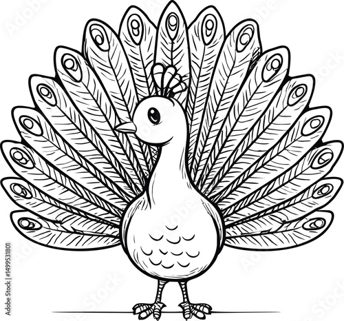 Line drawing of a peacock with detailed feathers and cute expression. Vector illustration