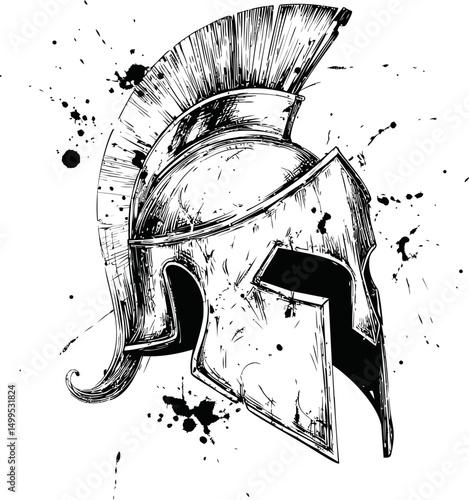 Black and white illustration of ancient spartan helmet with ink splatters. Vector illustration