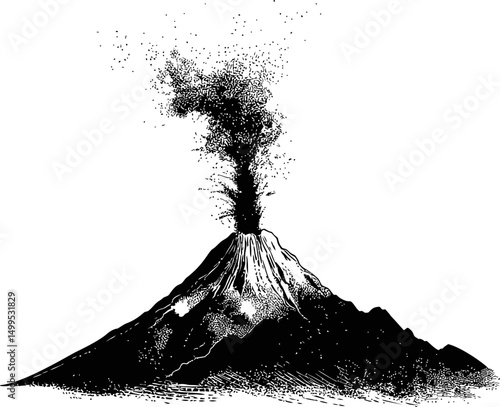 Illustration of a volcano eruption in black and white ink drawing. Vector illustration