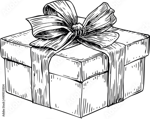 Illustration of a gift box with a large ribbon in black and white sketch style. Vector illustration