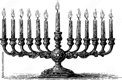Vintage black and white illustration of menorah with nine lit candles, religious theme. Vector illustration