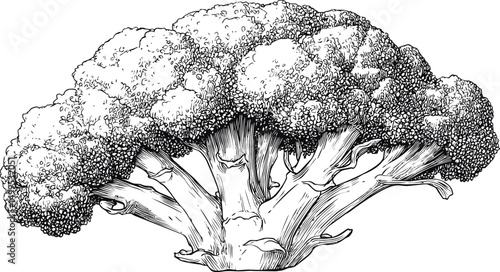 Detailed black and white sketch of a broccoli head, food illustration art. Vector illustration