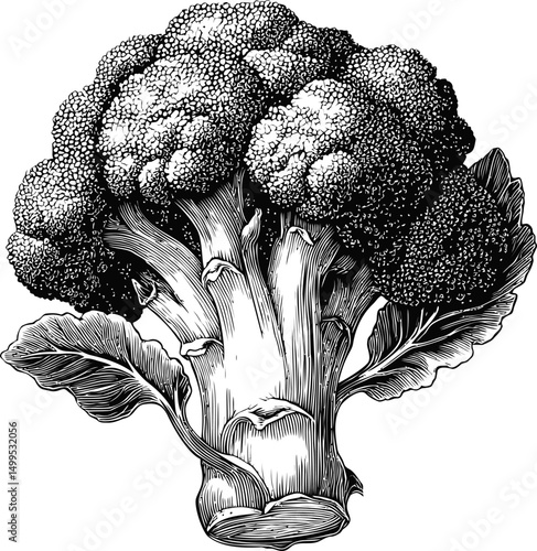 Intricate black and white illustration of a detailed broccoli head. Vector illustration